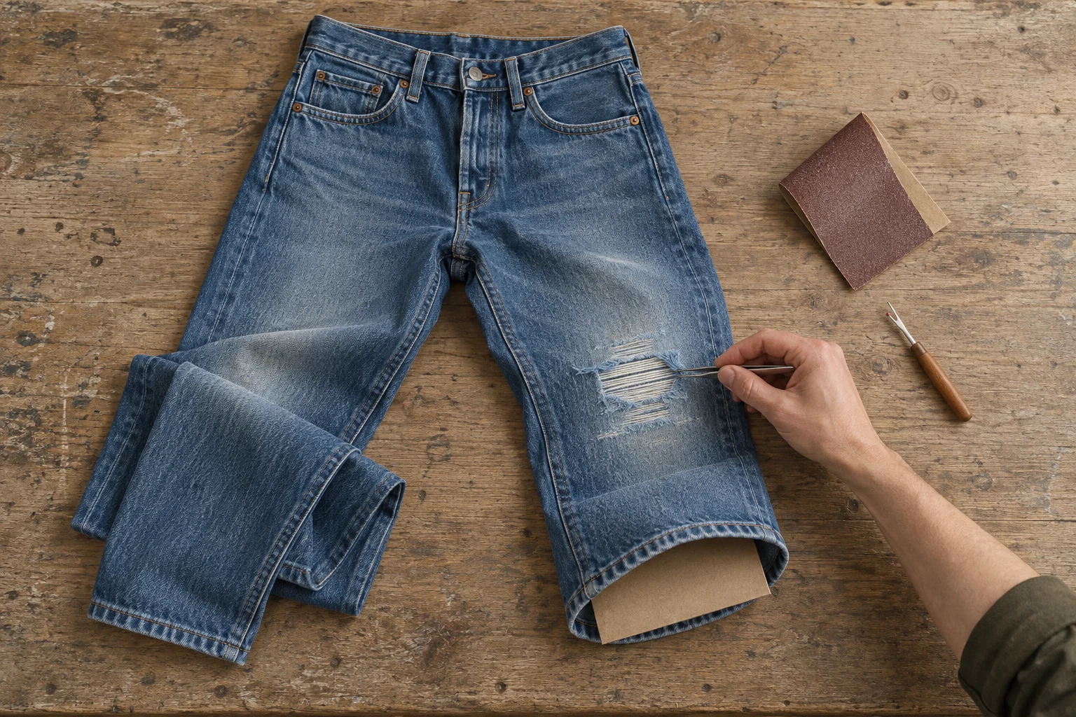 A hand uses tweezers on a distressed knee in folded jeans beside sandpaper and a seam ripper.