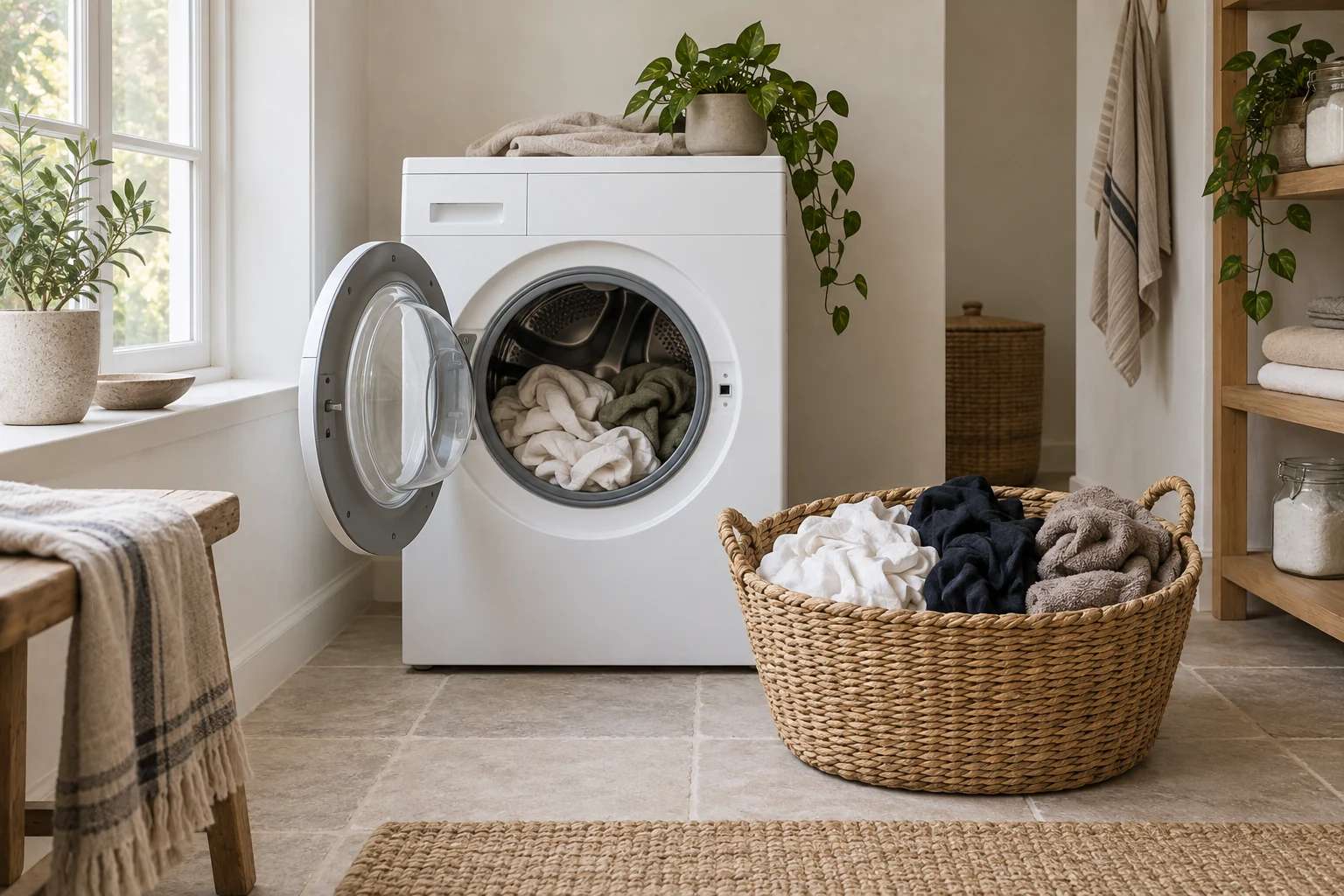 An open white washer stands beside a woven basket holding separate piles of white, dark and neutral laundry.