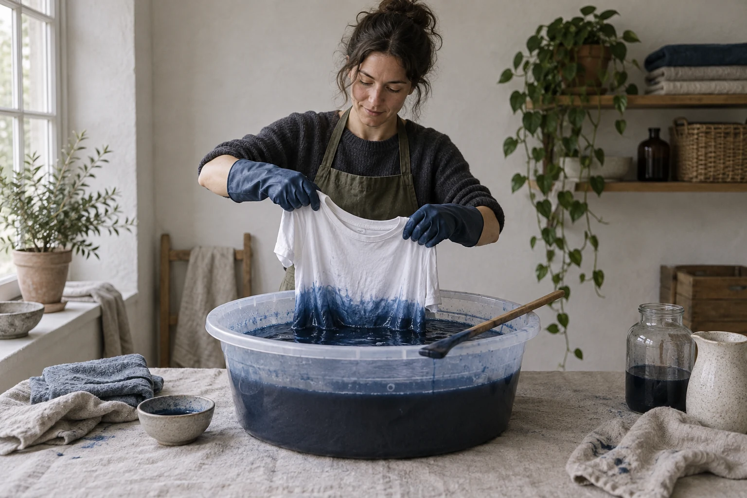 A gloved woman dips a white cotton shirt into a large tub of indigo dye in a softly lit utility room