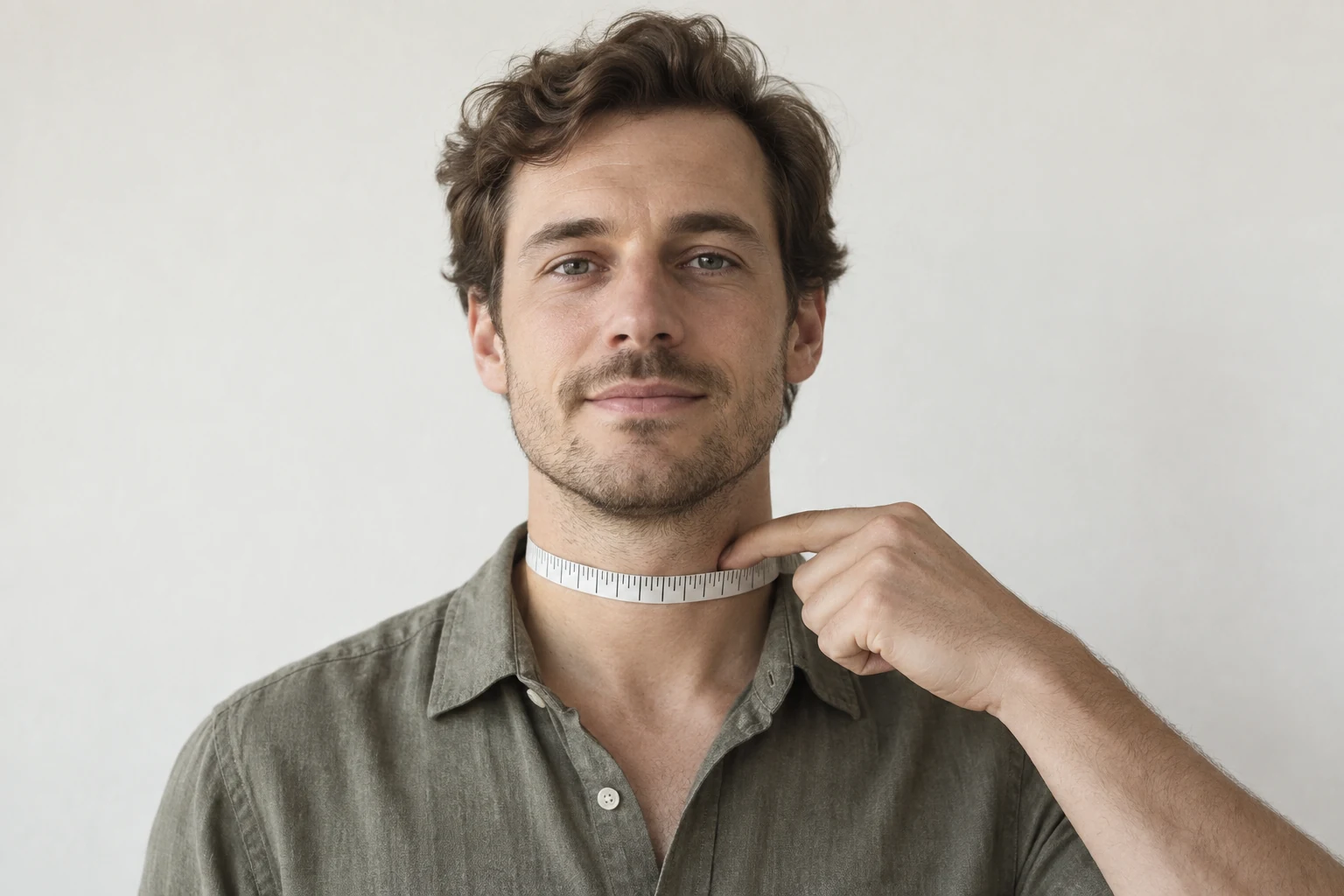 A man measures the base of his neck with a tick marked cloth tape and one finger beneath it
