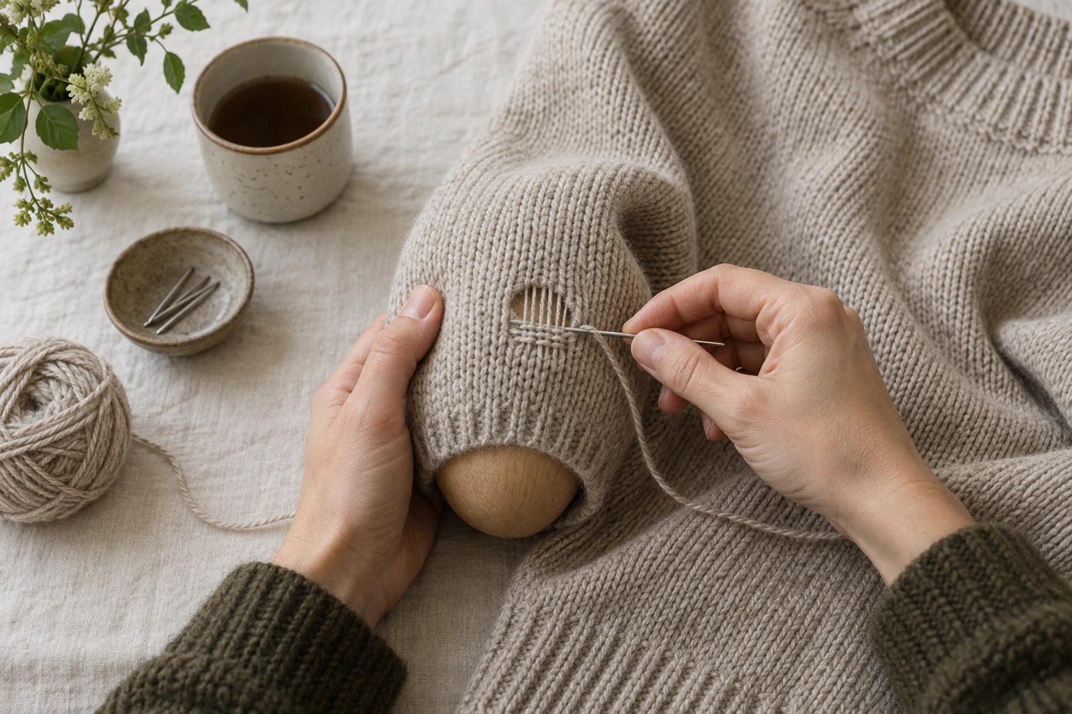 Two hands darn an oatmeal wool sweater over a wooden egg with neat yarn crossing the small hole.