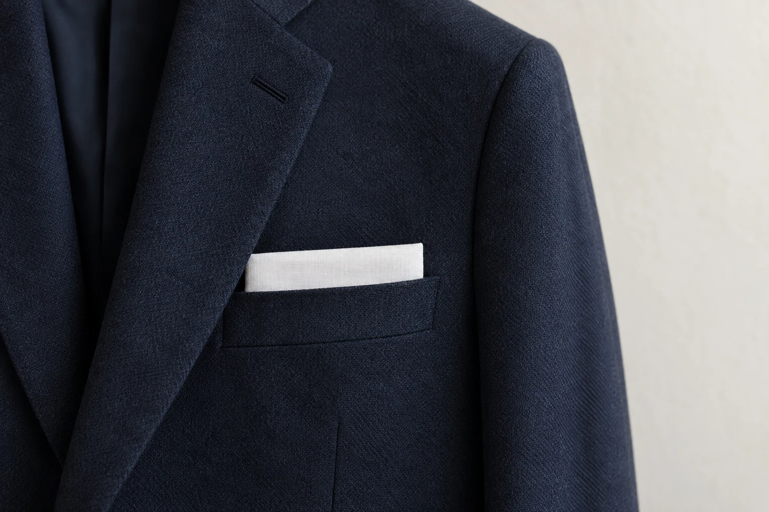 A crisp white presidential fold sits in the breast pocket of a textured navy wool jacket.