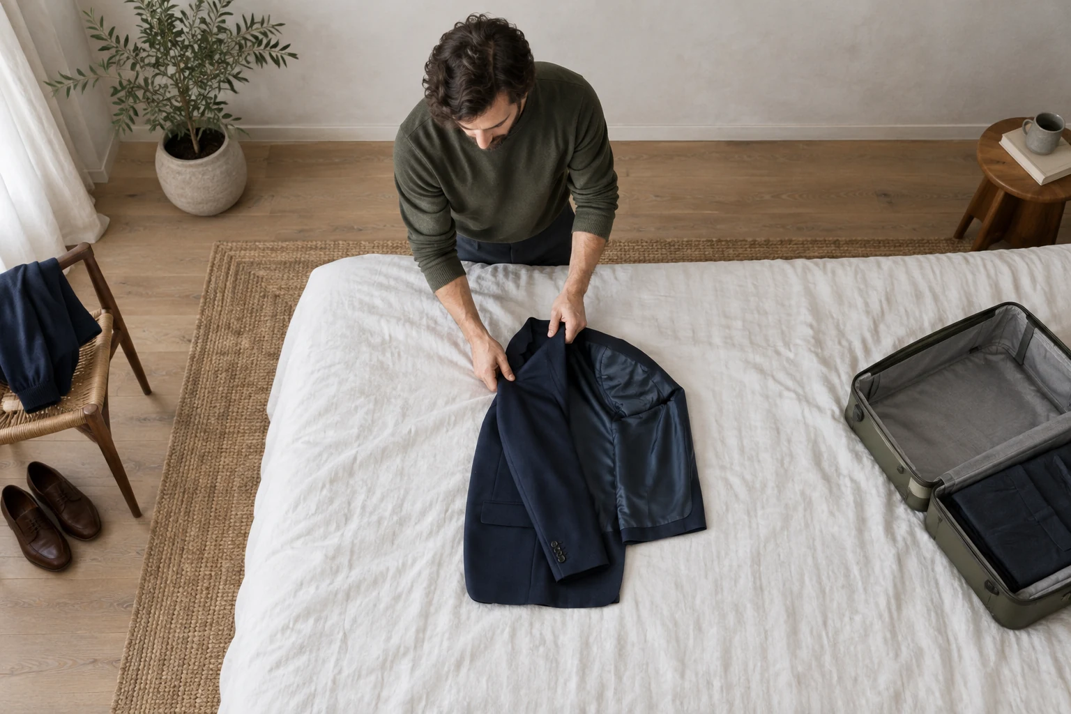 A man folds one side of a navy suit jacket inward on a white bed beside an open suitcase.