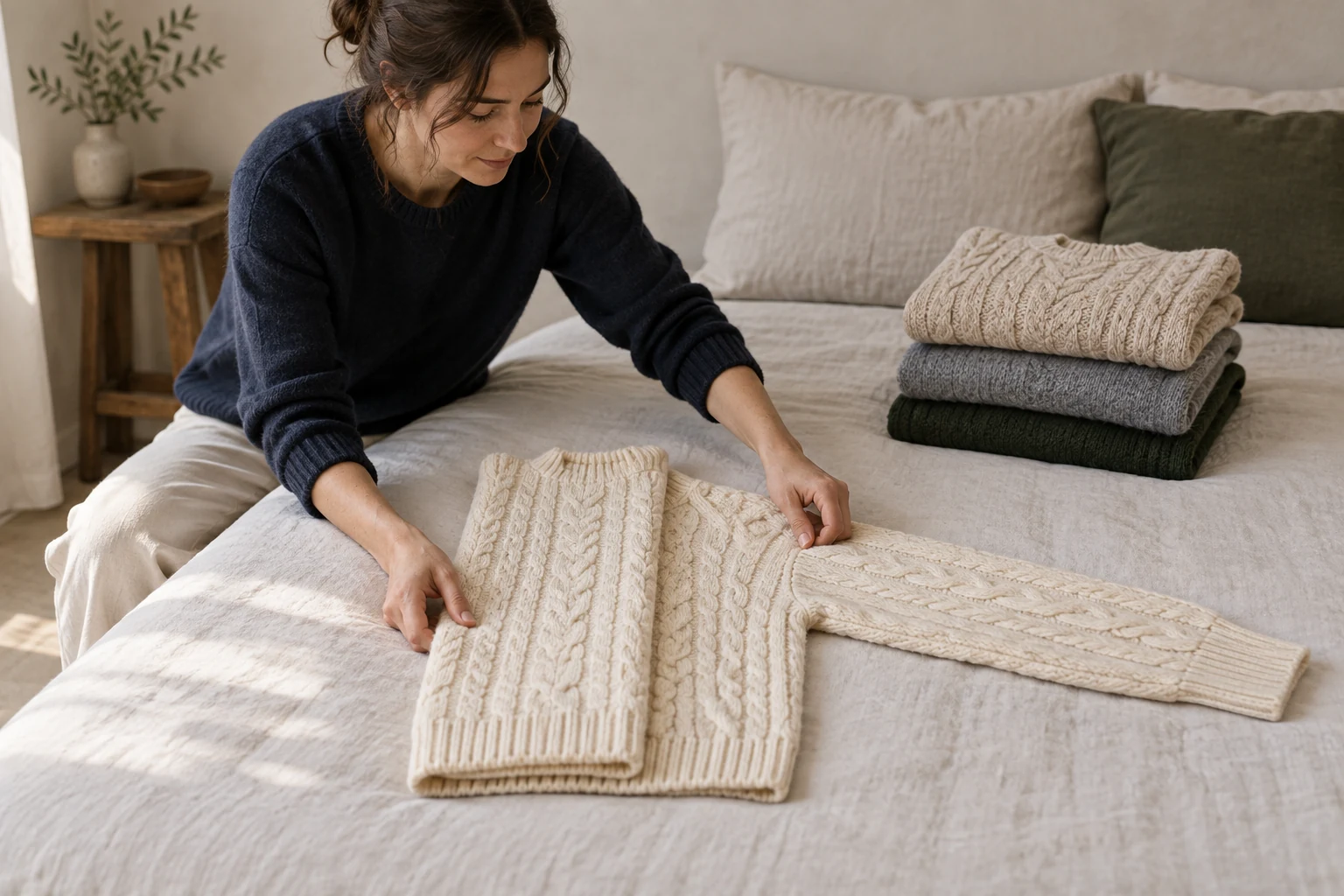 A woman folds one side of a cream cable knit sweater beside a neat stack on a linen bed.