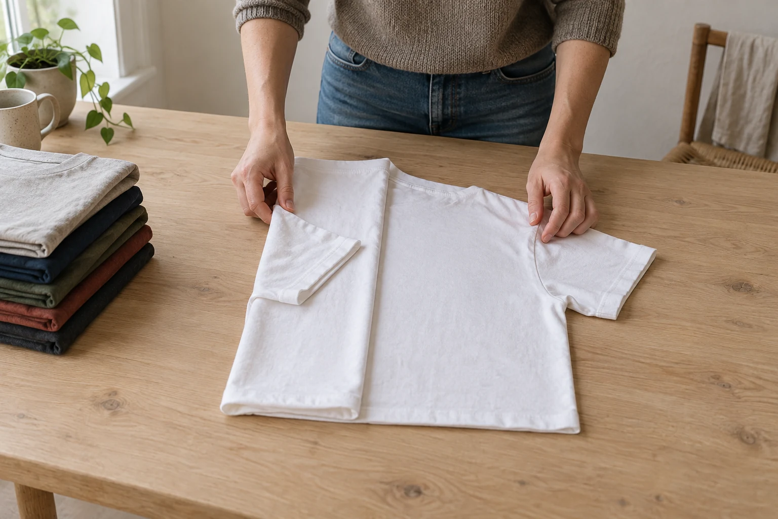 Two hands fold one side of a plain white T shirt beside a muted stack on a pale wood table.