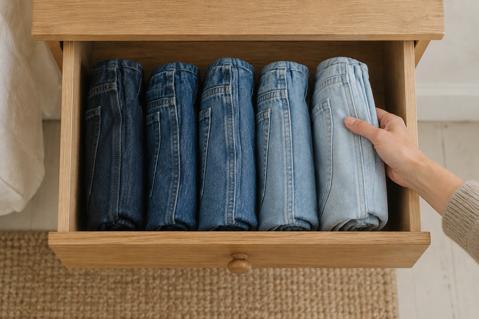 A hand lifts pale blue jeans from five upright folded pairs arranged by wash in a wooden drawer