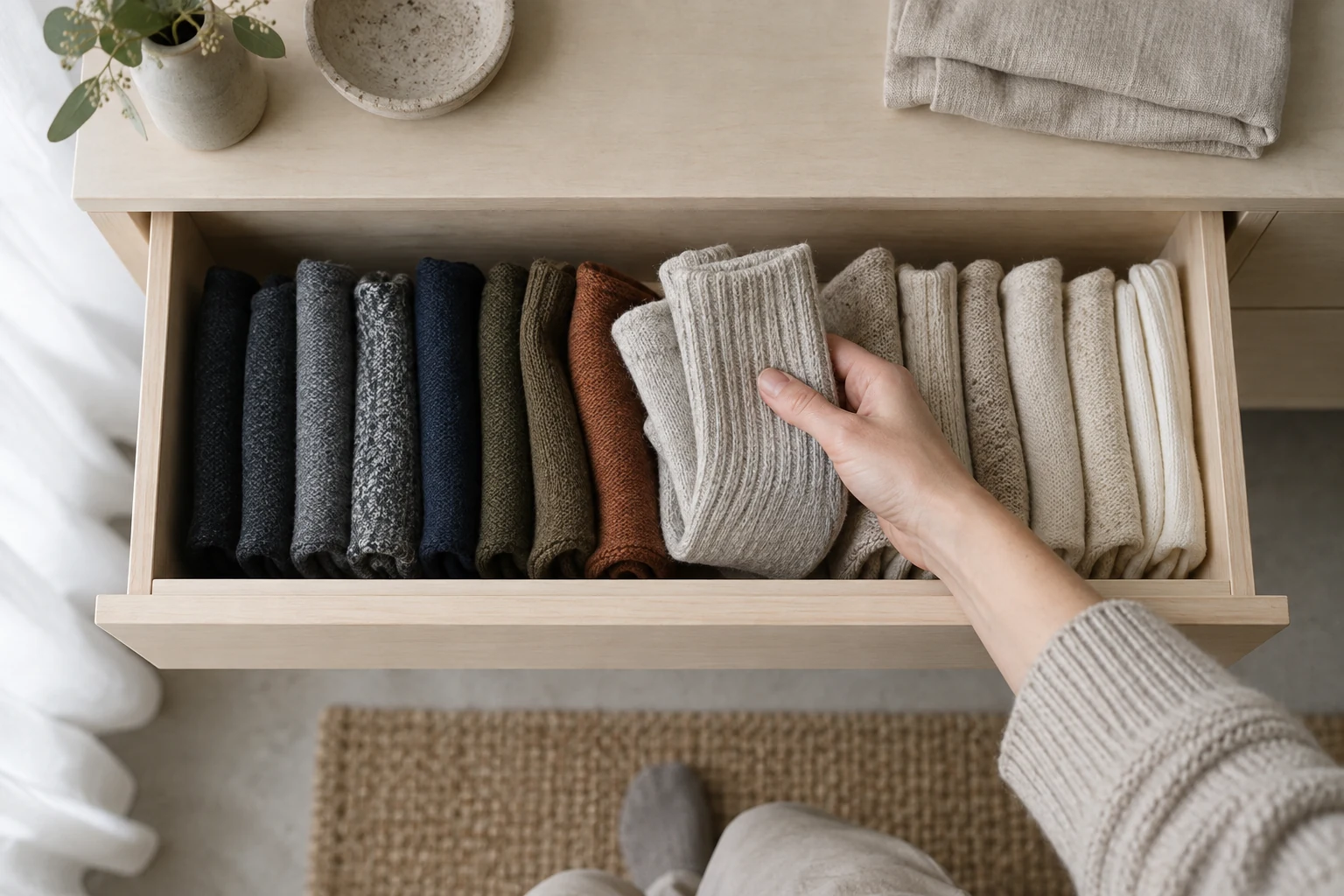 An overhead drawer holds upright rows of neutral socks as a hand lifts a folded ribbed wool pair