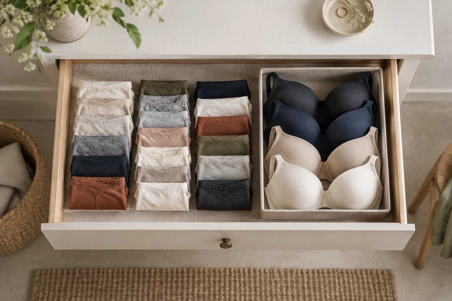 An open linen lined drawer contains upright folded underwear beside neatly nested molded bras