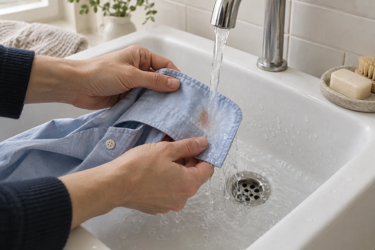 Two hands rinse a faint rust colored mark from a pale blue shirt cuff under a cold tap.