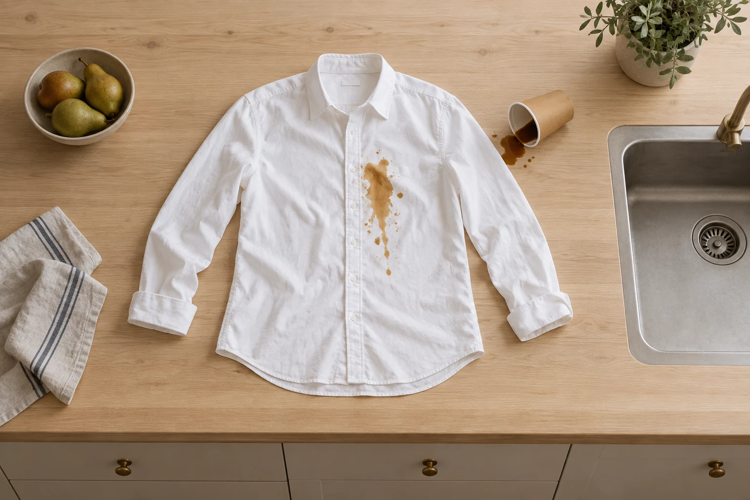 A coffee stained white cotton shirt lies beside a tipped paper cup and stainless kitchen sink