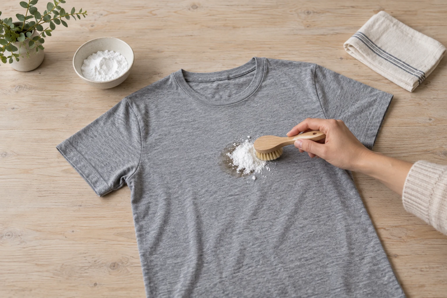 A hand brushes white cornstarch over an oil spot on a gray cotton T shirt on a pale wood table.