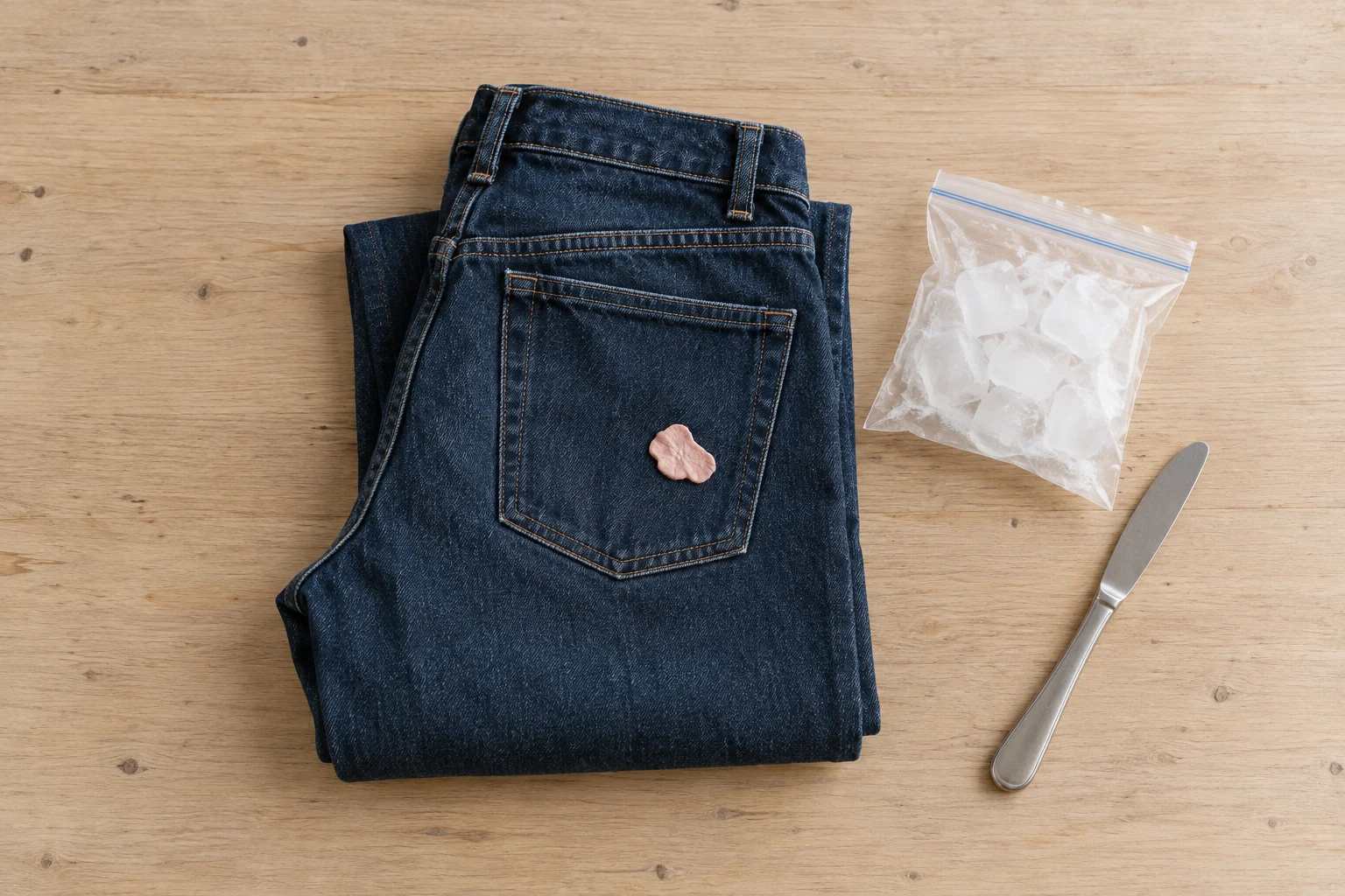 Folded dark blue jeans with pink gum on the back pocket sit beside a bag of ice and a butter knife