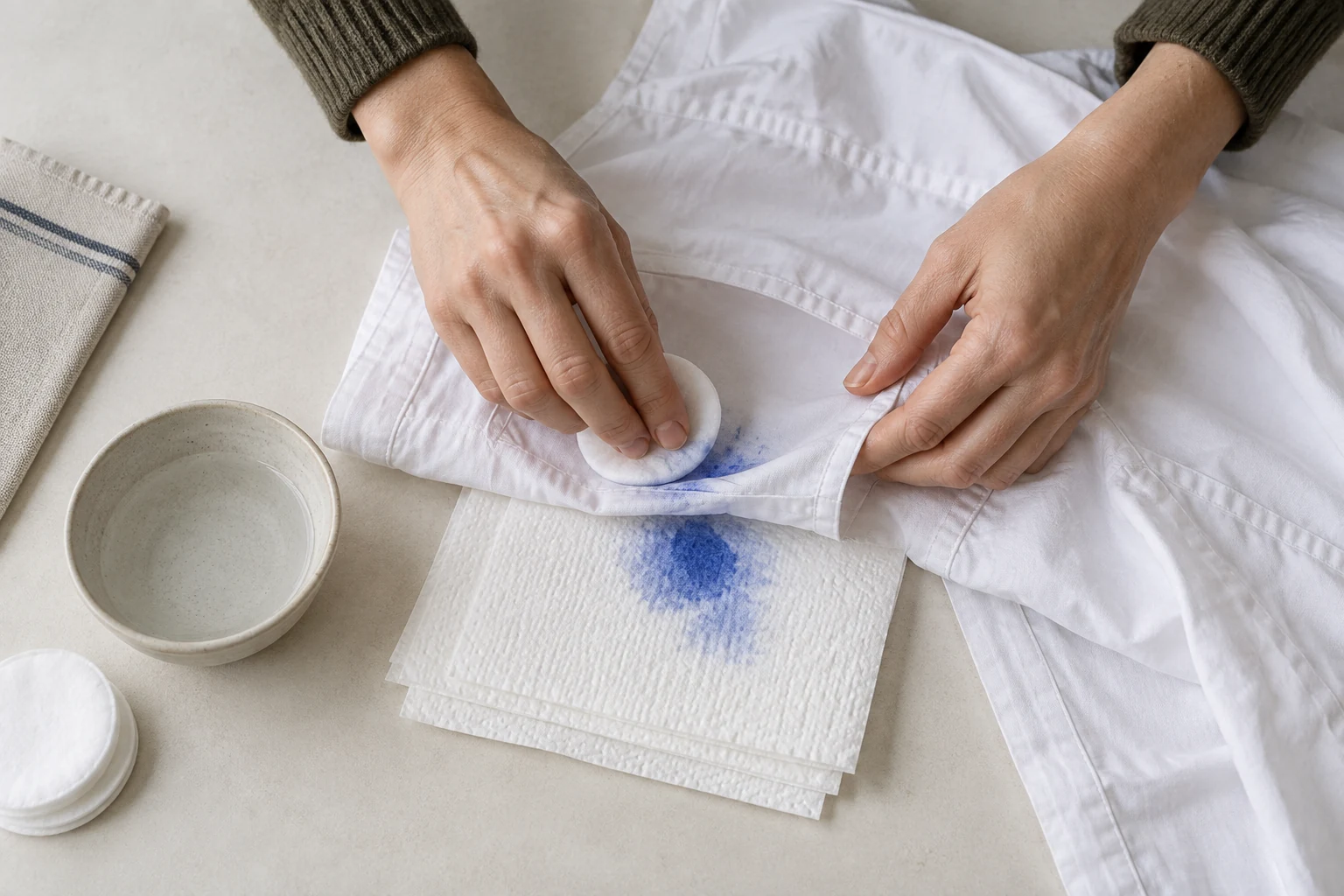 Hands press a cotton pad against blue ink inside a white shirt pocket over folded paper towels.