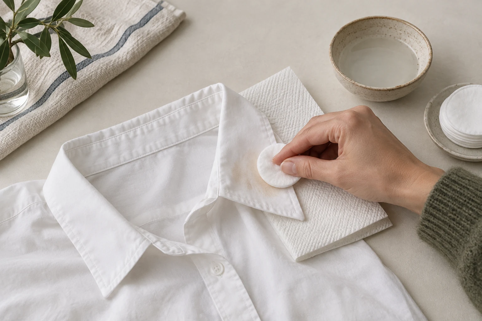 A hand dabs a faint foundation mark on a white shirt collar with a cotton pad over paper towel