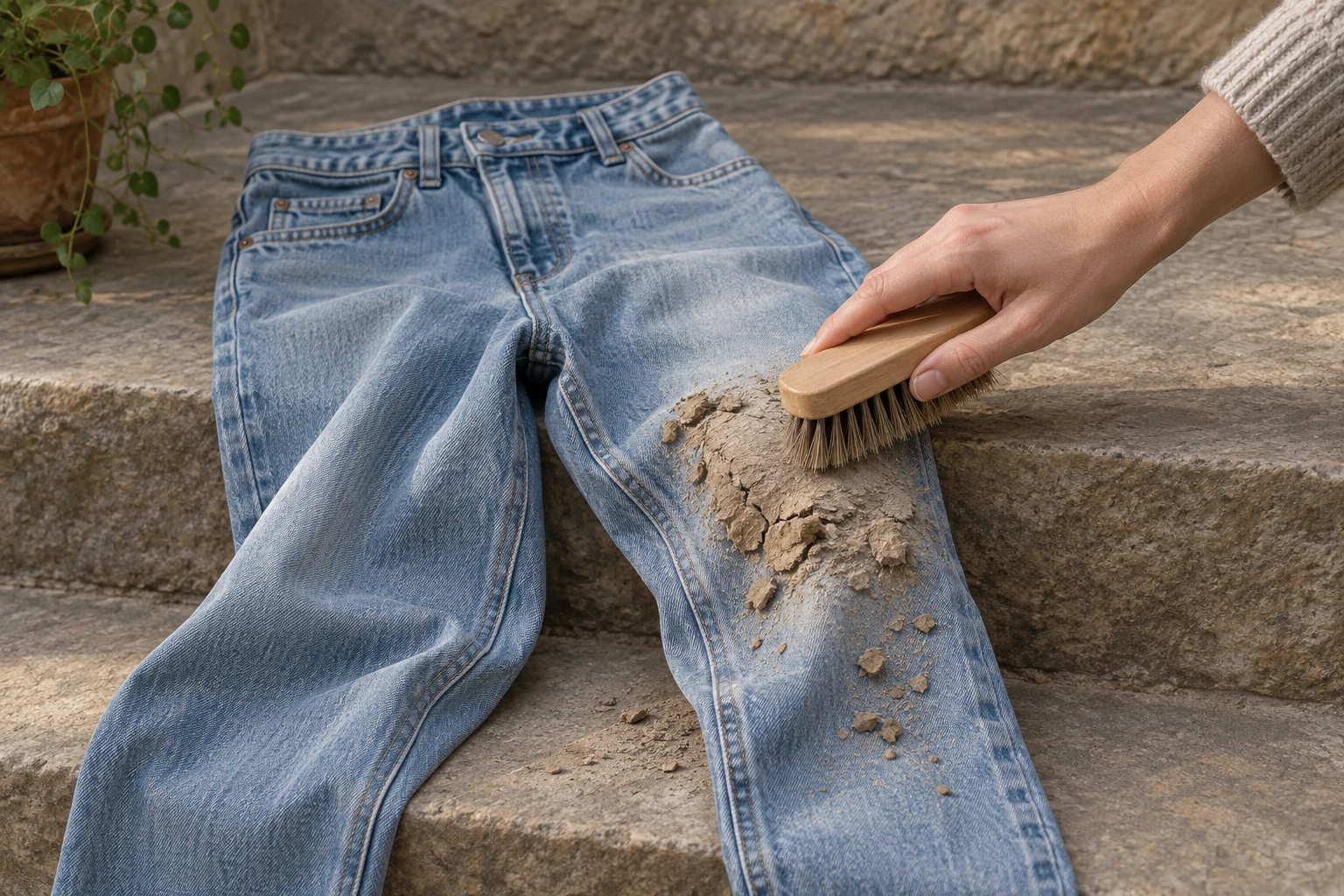A hand brushes cracked dried mud from light blue jeans draped across sunlit stone steps