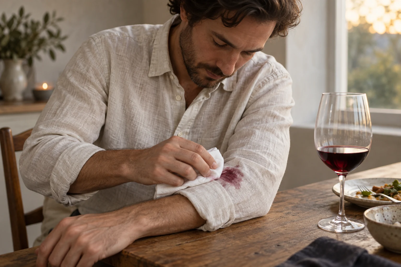 A man blots a fresh red wine stain on his pale linen sleeve beside a half full wine glass.