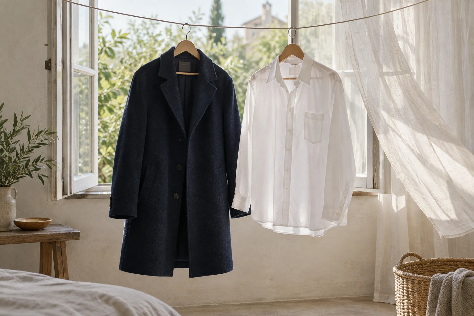 A navy wool coat and white cotton shirt air on wooden hangers beside an open sunny window.