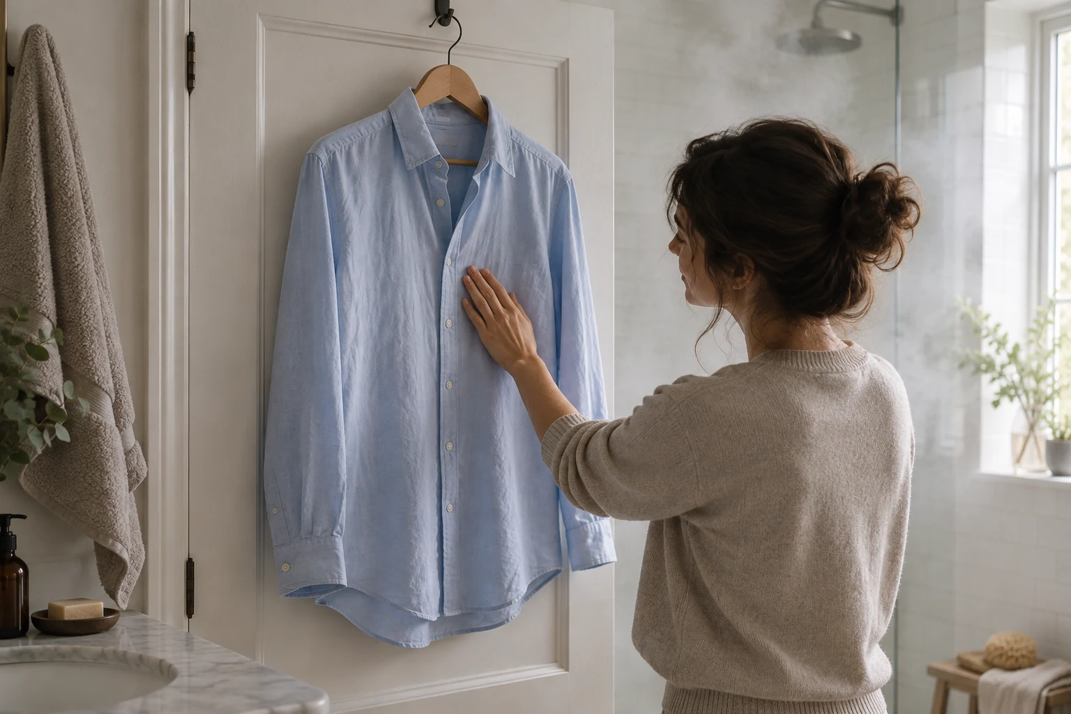 A woman smooths a light blue shirt hanging on a bathroom door in softly steaming daylight.
