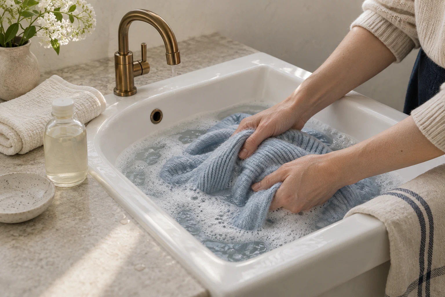 Two hands gently squeeze a pale blue knit garment in lightly sudsy water in a white ceramic sink.