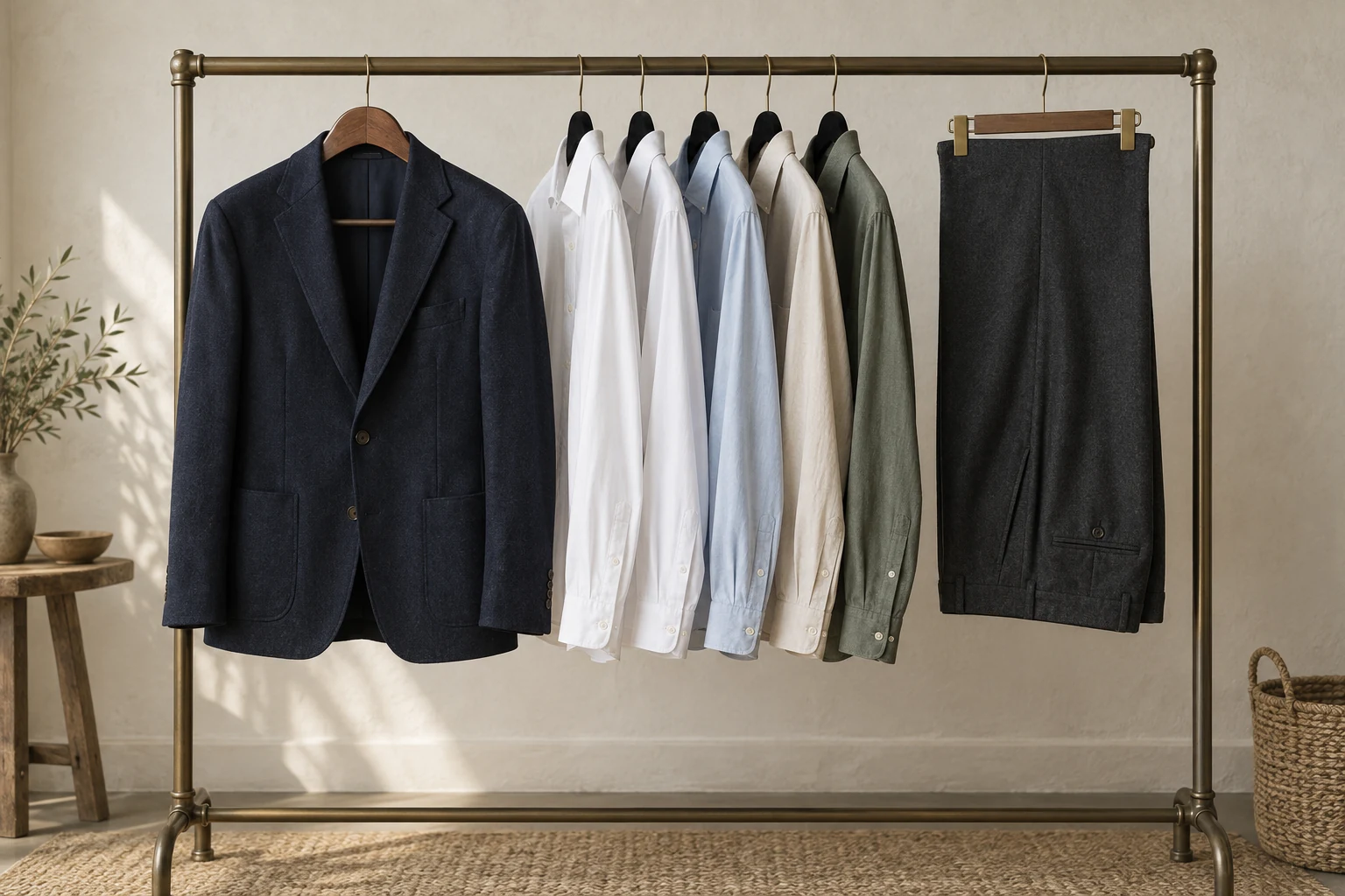 A navy blazer, pale shirts and upside down clipped trousers hang neatly on a freestanding rail.