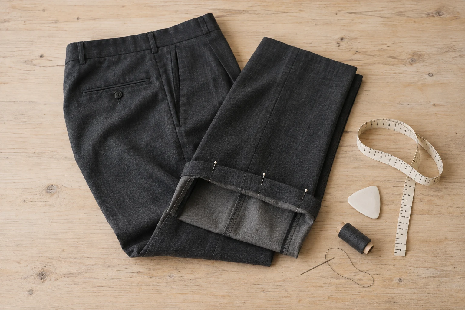 Charcoal trousers with a pinned folded hem rest beside sewing tools on a pale wooden table