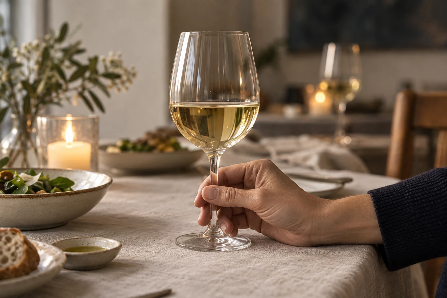 A hand holds a glass of white wine low on the stem against a softly lit dinner table.