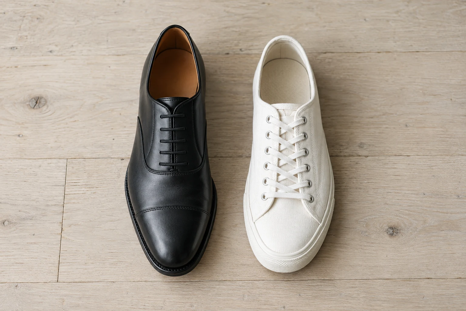 A black cap toe oxford with straight bar lacing sits beside a white canvas sneaker with criss cross lacing.