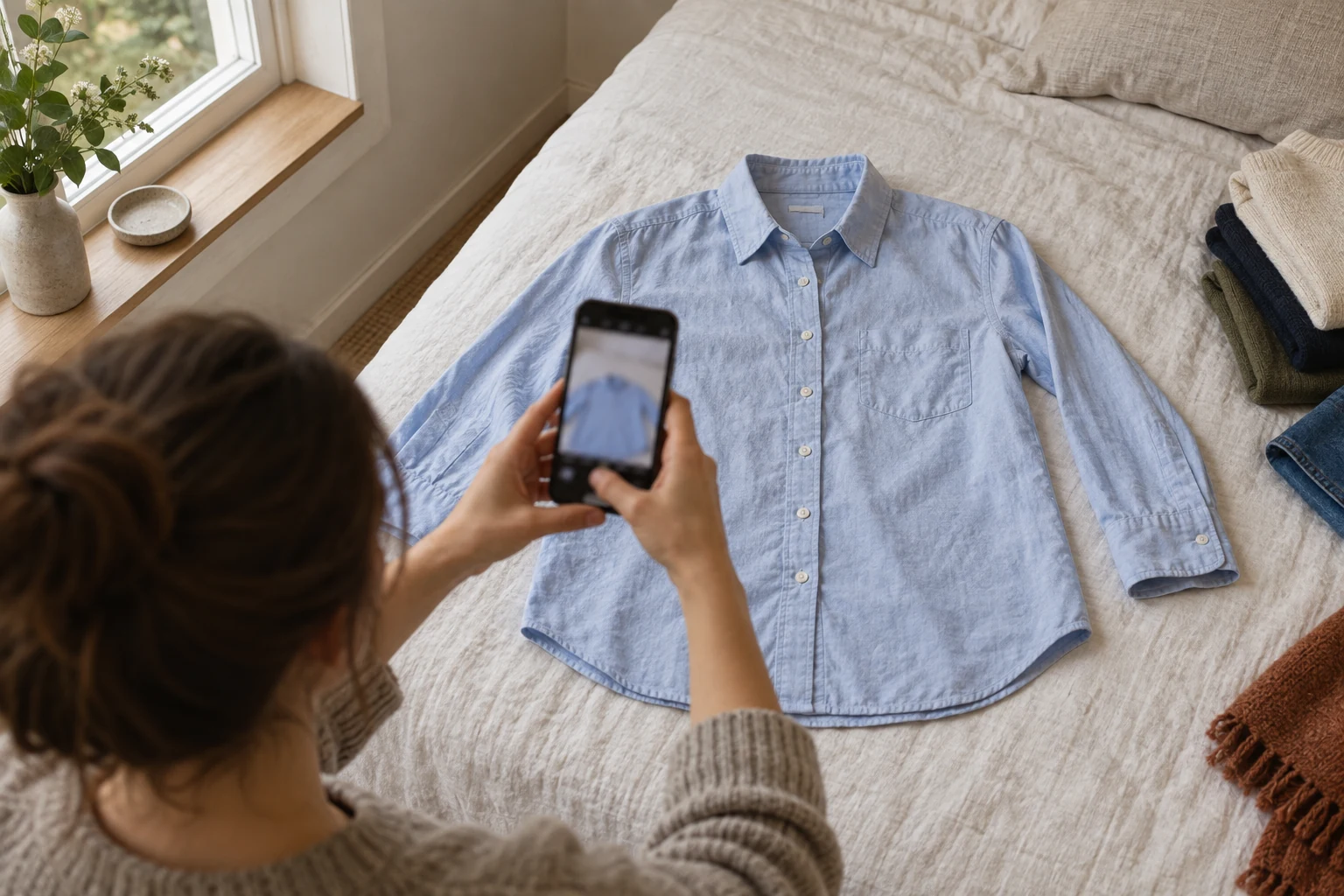 A person photographs a pale blue shirt laid flat on an off white bed beside neatly folded clothes