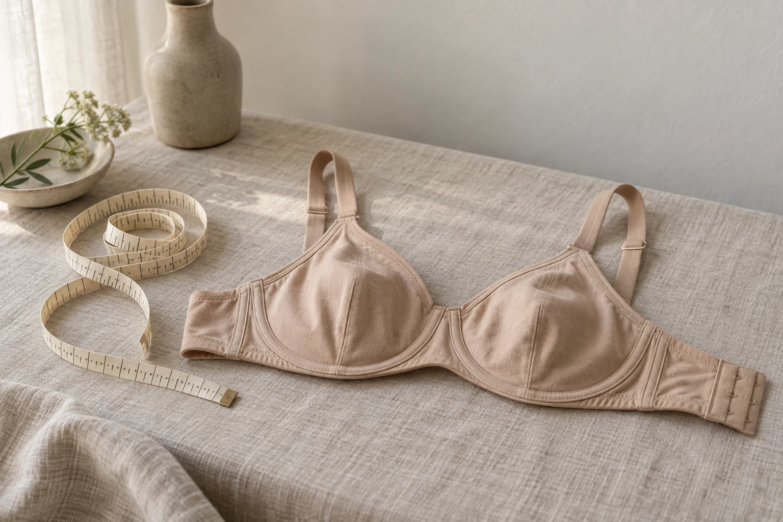 A plain nude bra lies beside a coiled cream measuring tape on an oatmeal linen table.