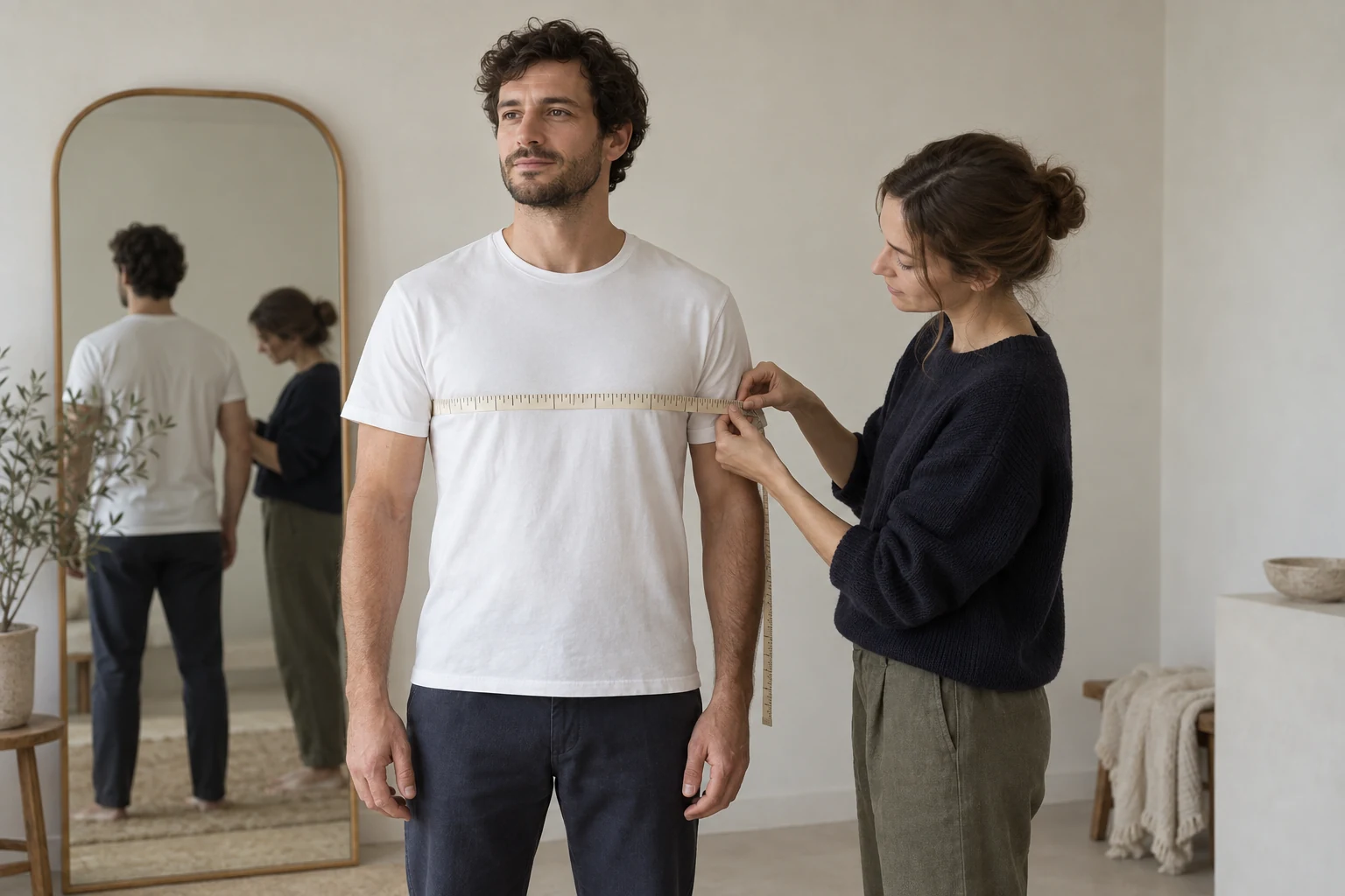 A woman checks a plain tick marked tape held level around a man's chest in a softly lit room.