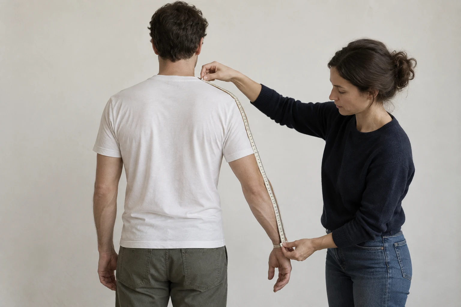A helper measures from the base of a man's neck over his shoulder and along his gently bent arm to the wrist.