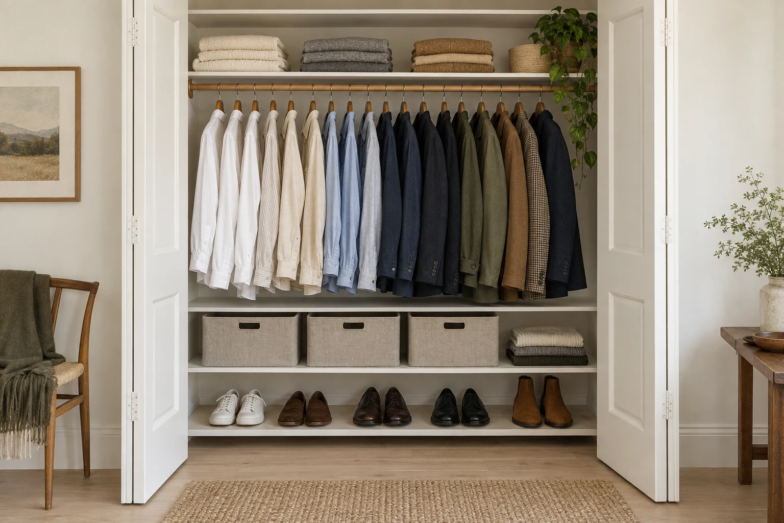An open closet neatly displays tonal clothes folded knits fabric bins and paired shoes.