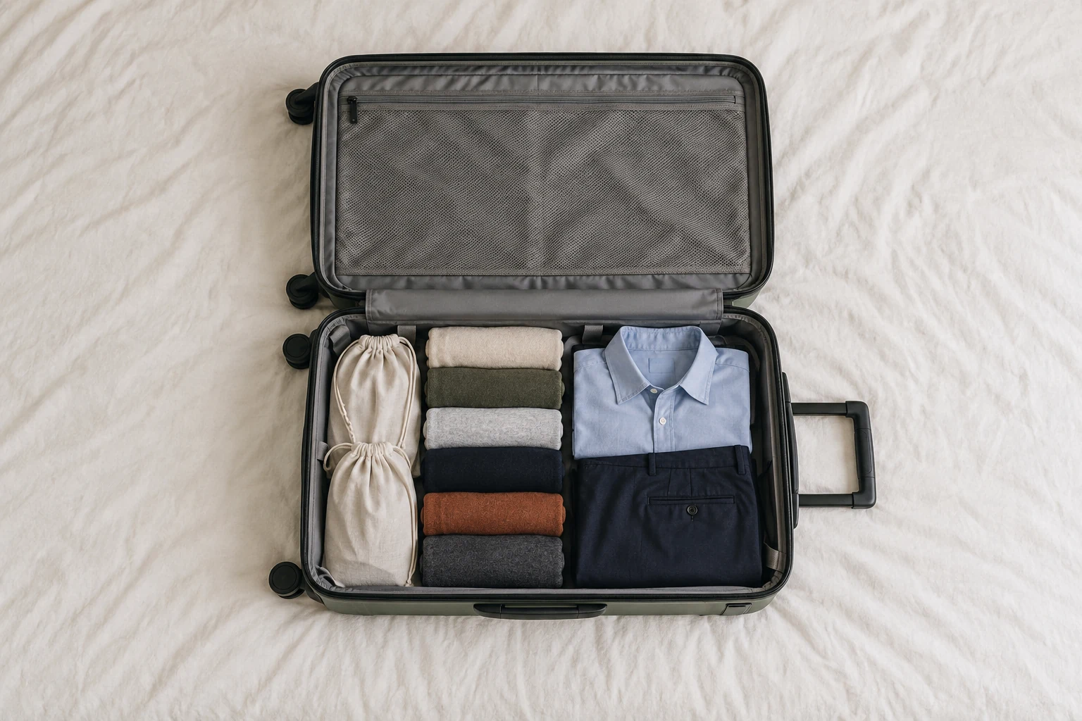 An open suitcase holds bagged shoes rolled knits a blue shirt and navy trousers on white bedding.