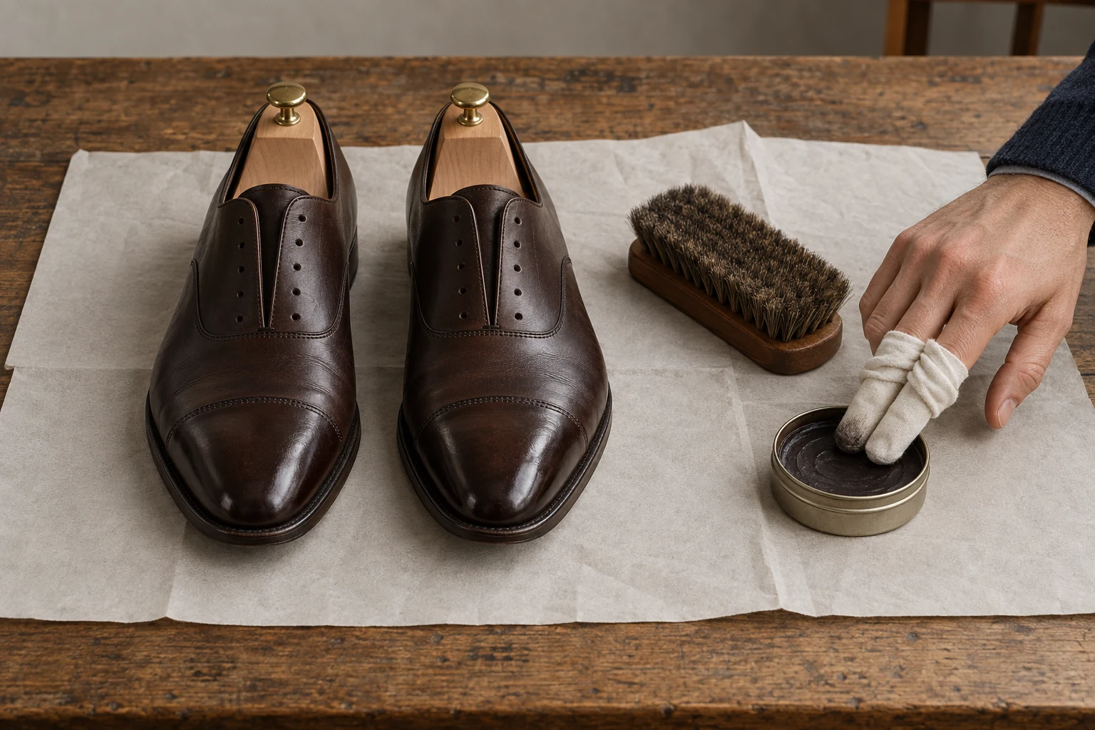 A cloth wrapped hand touches wax beside unlaced brown oxfords and a brush on blank newsprint