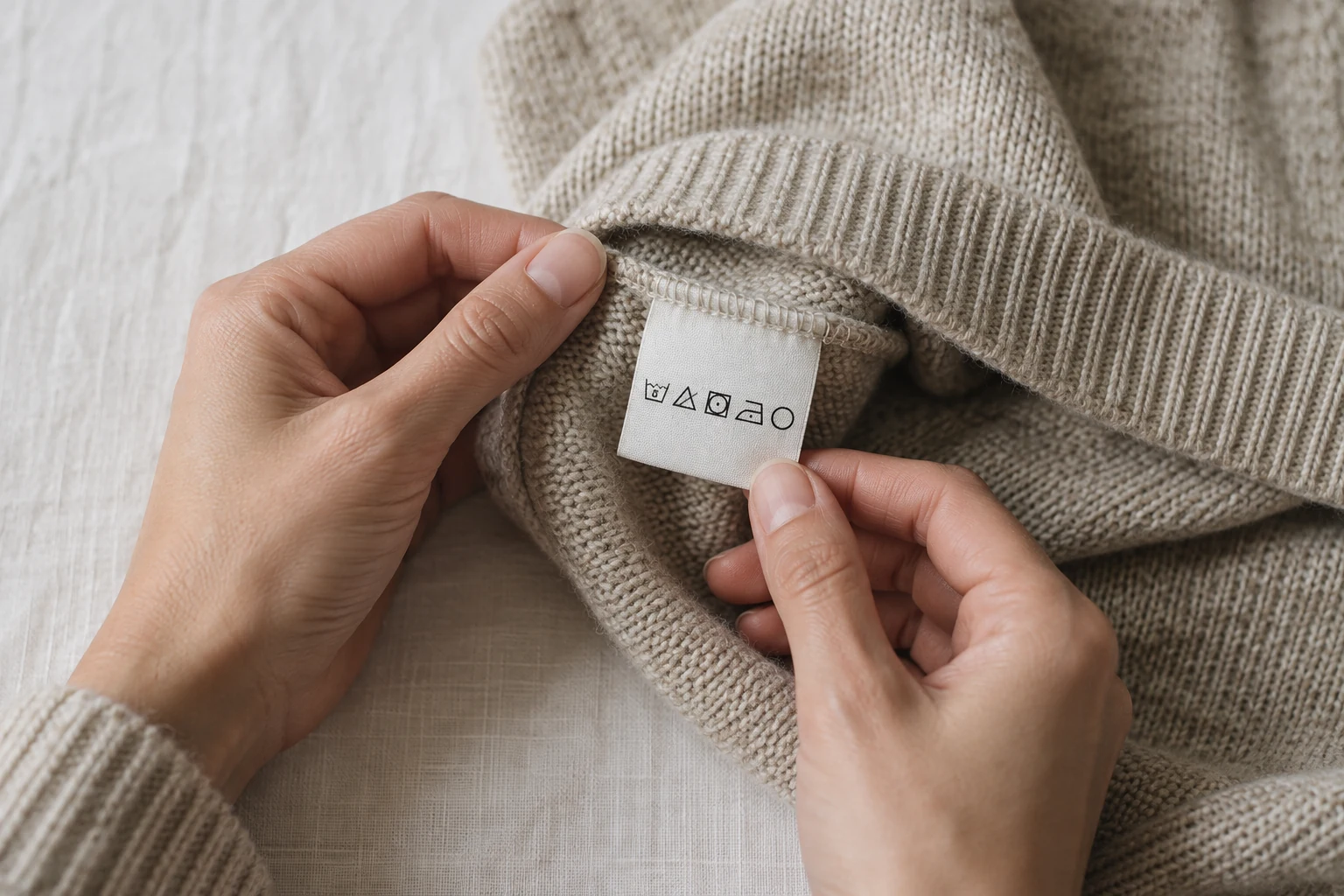 Two hands hold open an oatmeal sweater seam to reveal a white care label with five laundry symbols