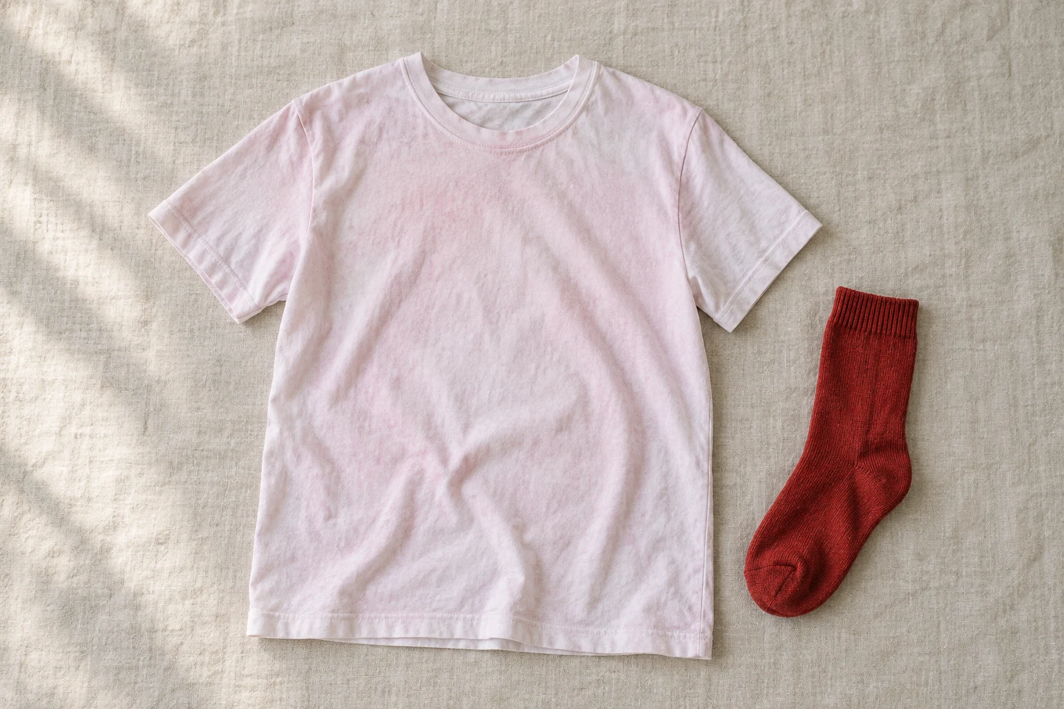 A faintly pink cotton T shirt lies beside a single red sock on natural off white linen