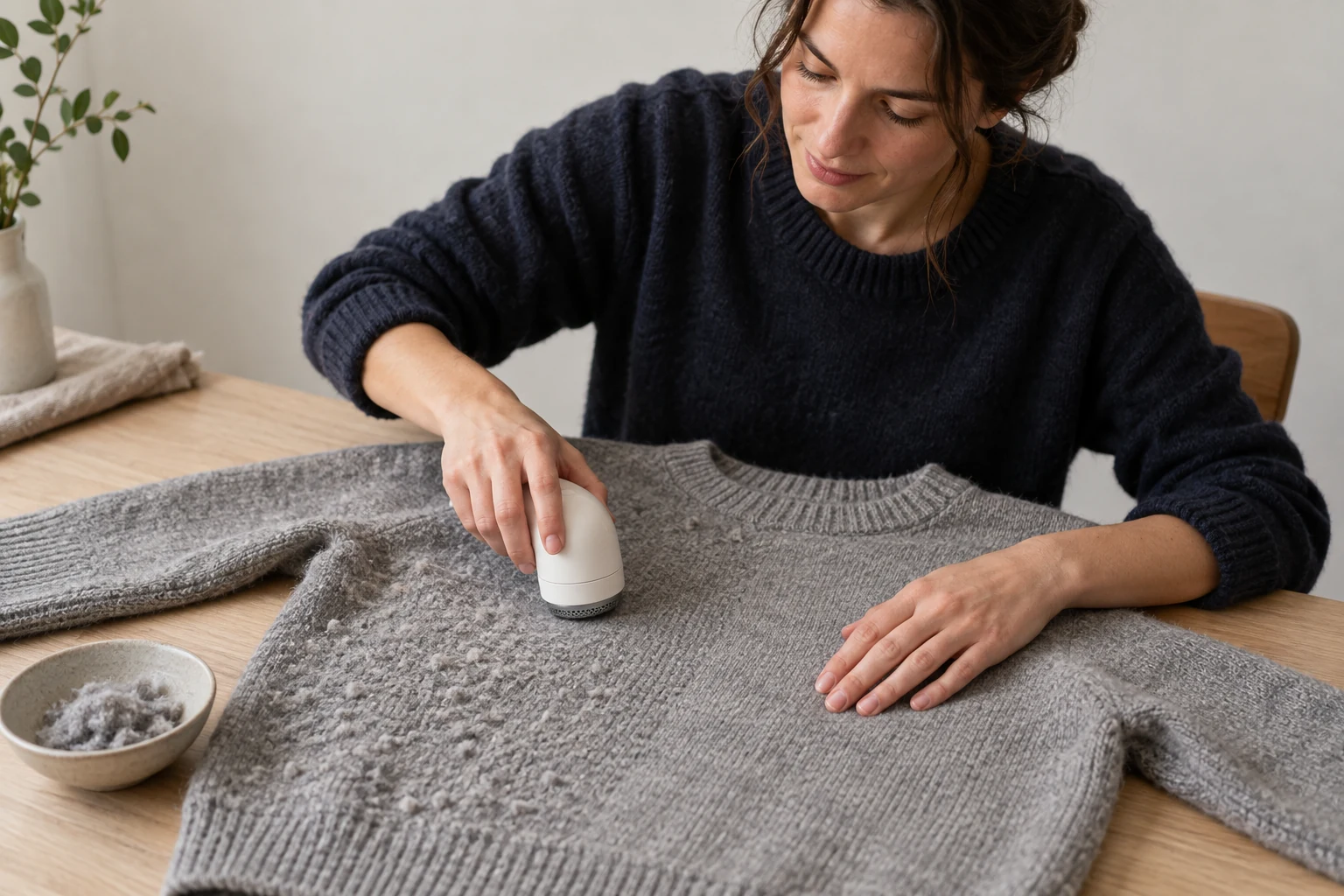 A woman passes a plain white fabric shaver across a gray wool sweater with pilled and smooth sections
