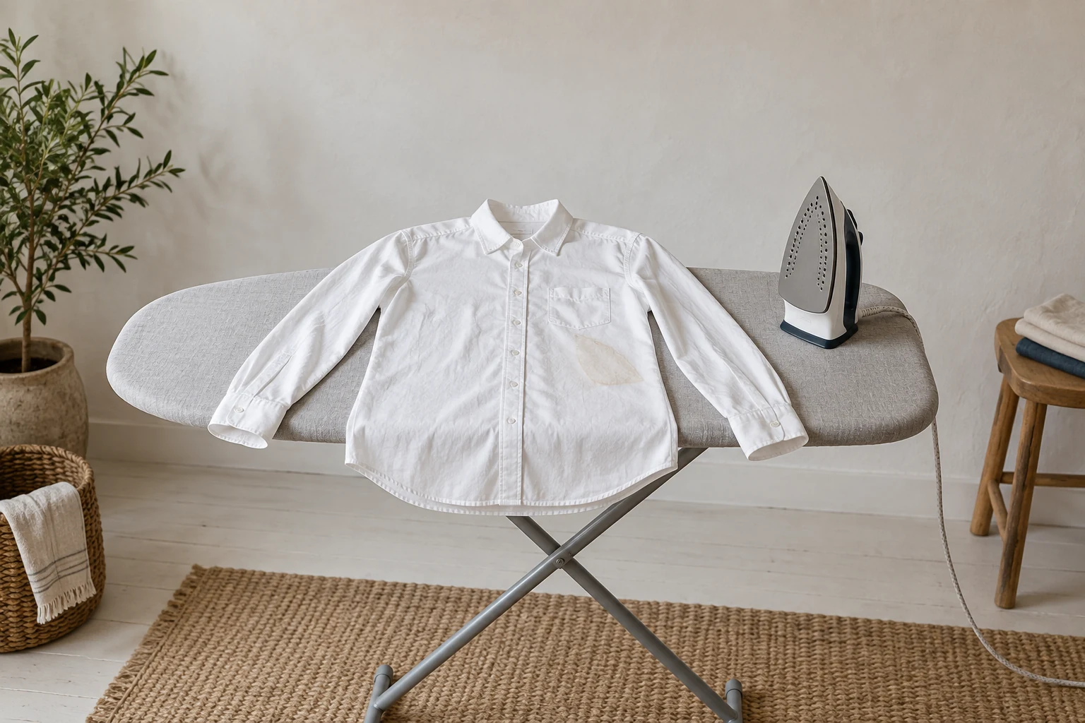 A white shirt with a faint iron shaped scorch mark lies beside an upright iron on an ironing board