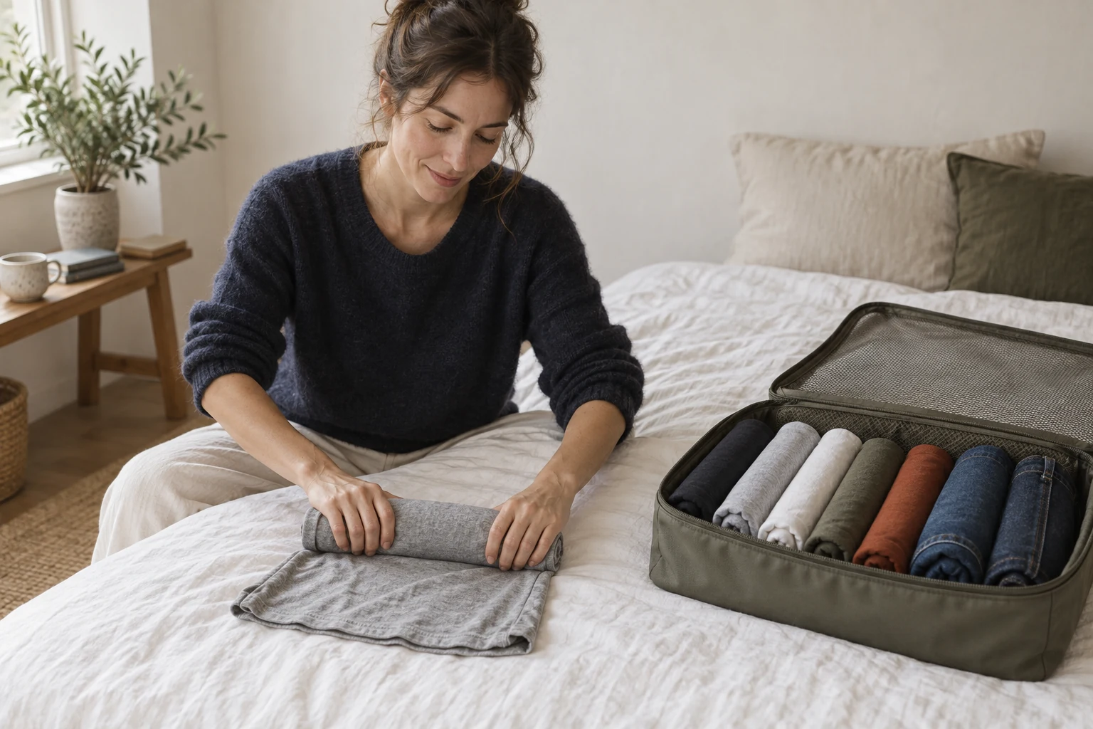 A woman rolls a gray shirt on a white bed beside an open packing cube filled with rolled clothes