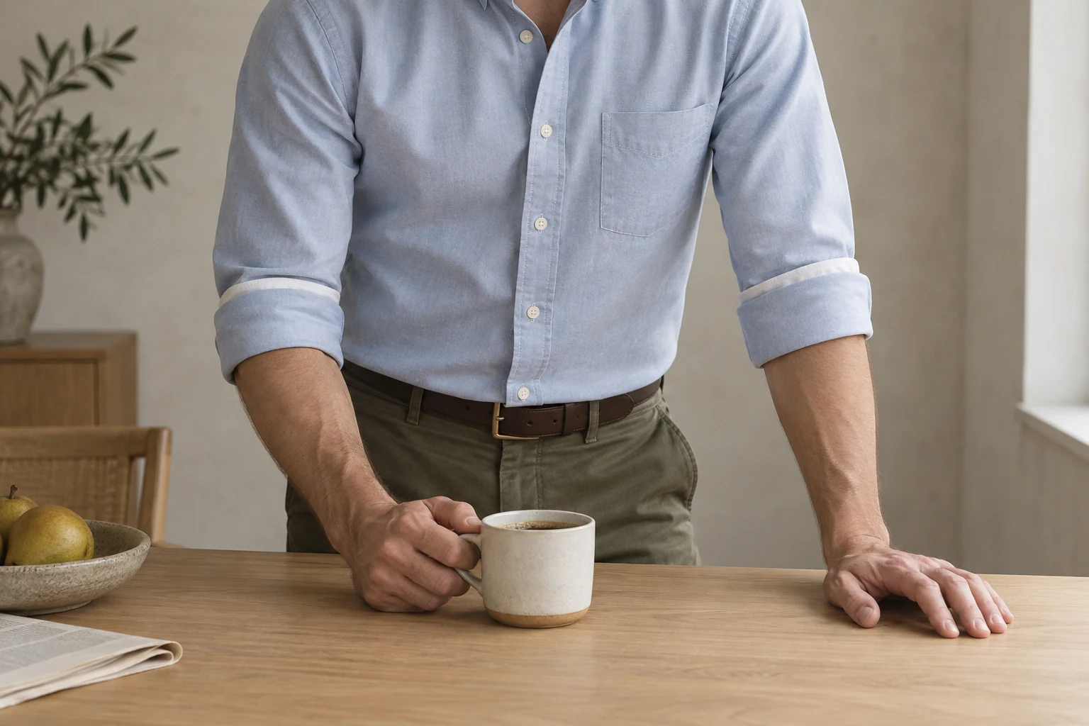 A man in a pale blue shirt leans over an oak table with both sleeves secured in neat Italian rolls