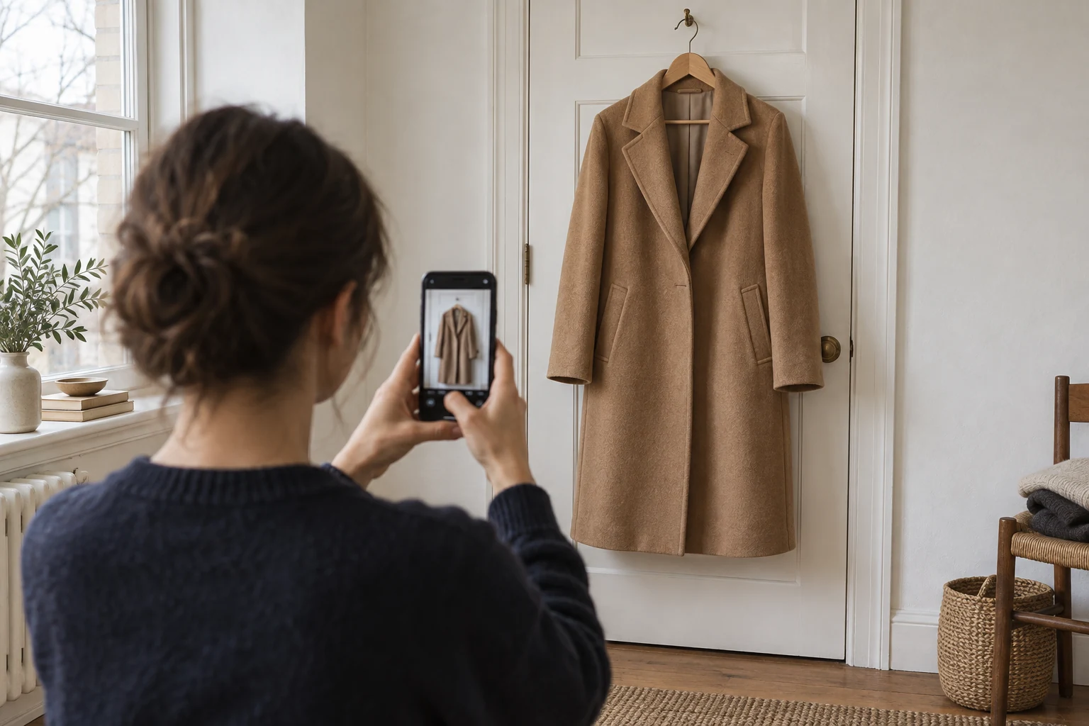 A person photographs a camel wool coat hanging on an off white door beside a softly lit window.