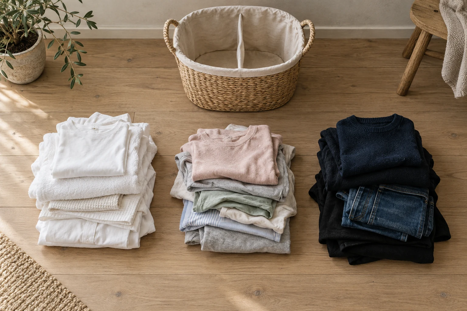 Three tidy piles of white, pale and dark laundry sit below a divided woven hamper on a wooden floor.