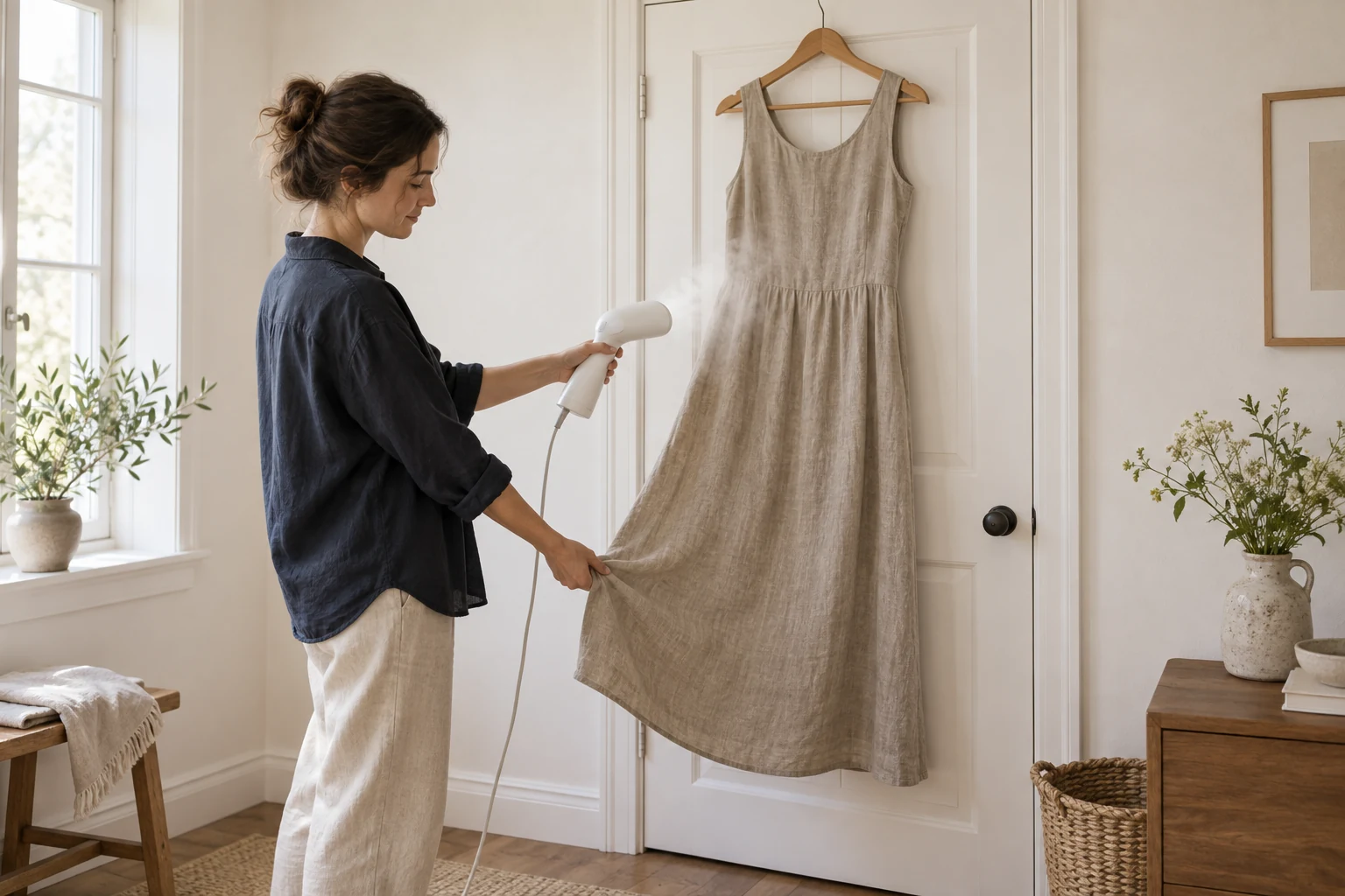 A woman gently pulls a linen dress taut while steaming it against a white door in morning light.