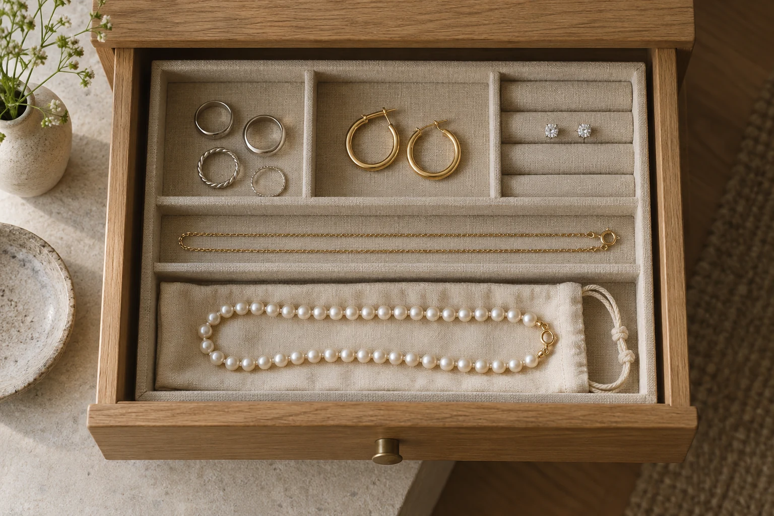 Rings, hoops, studs, a fine chain and pearls rest separately in a divided linen lined wooden drawer.