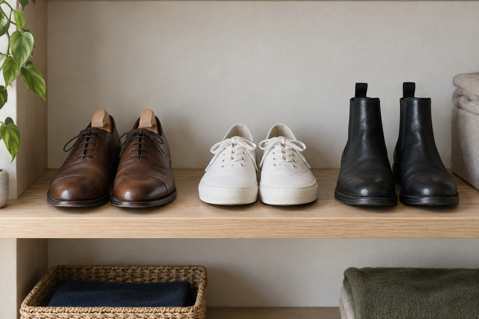 Brown leather oxfords with cedar shoe trees, white sneakers and black ankle boots rest on a pale wood shelf.