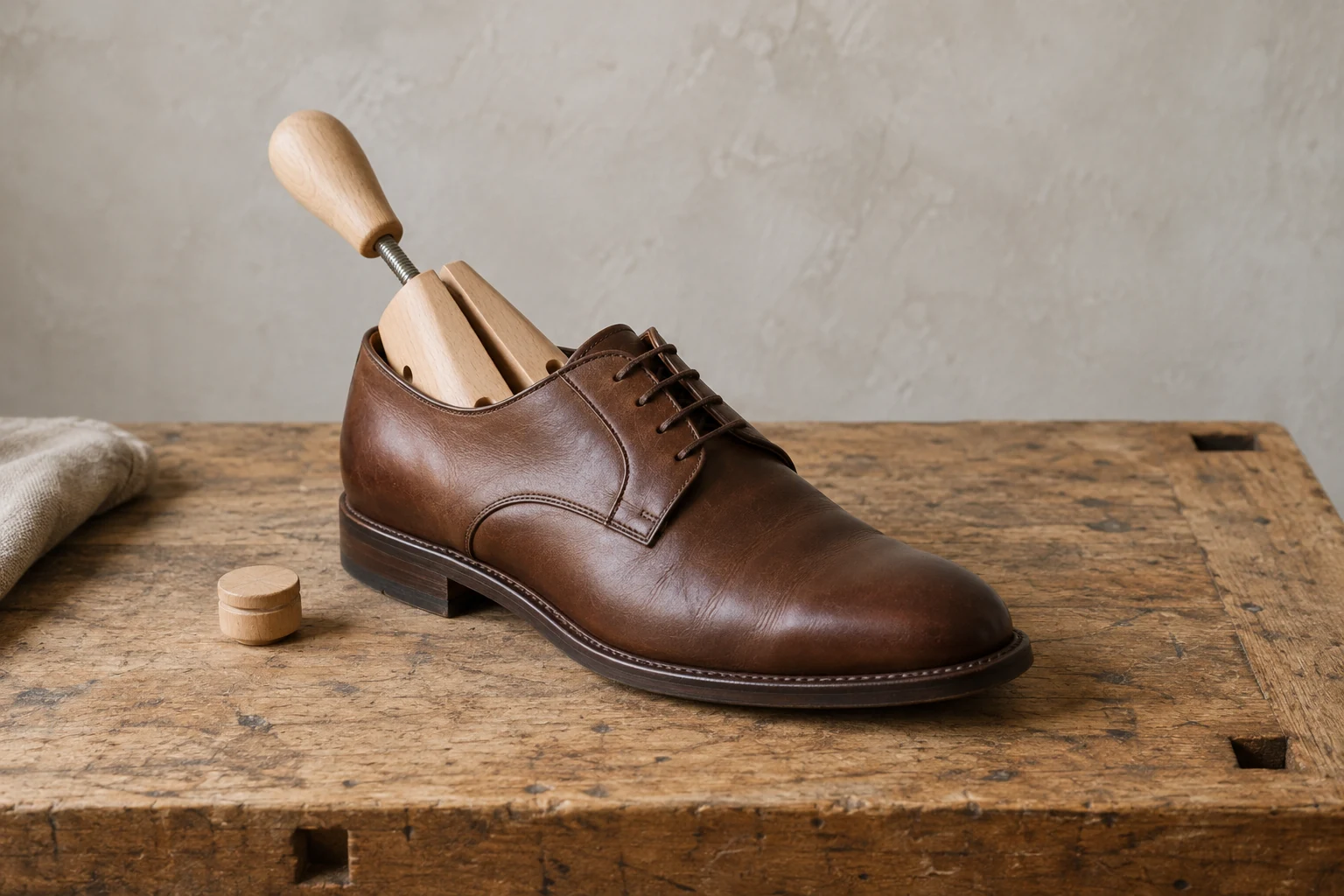 A wooden two way stretcher sits partly inserted in a brown derby shoe on a worn workbench