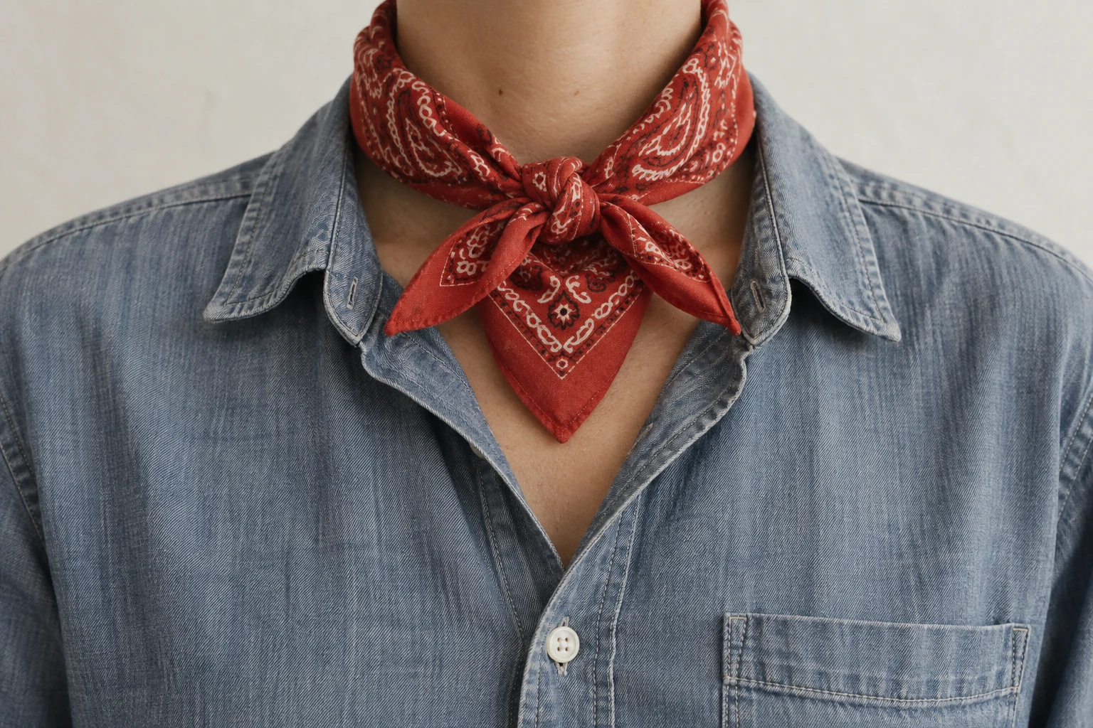 A red paisley cotton bandana is tied neatly at the neck over a faded blue chambray shirt.