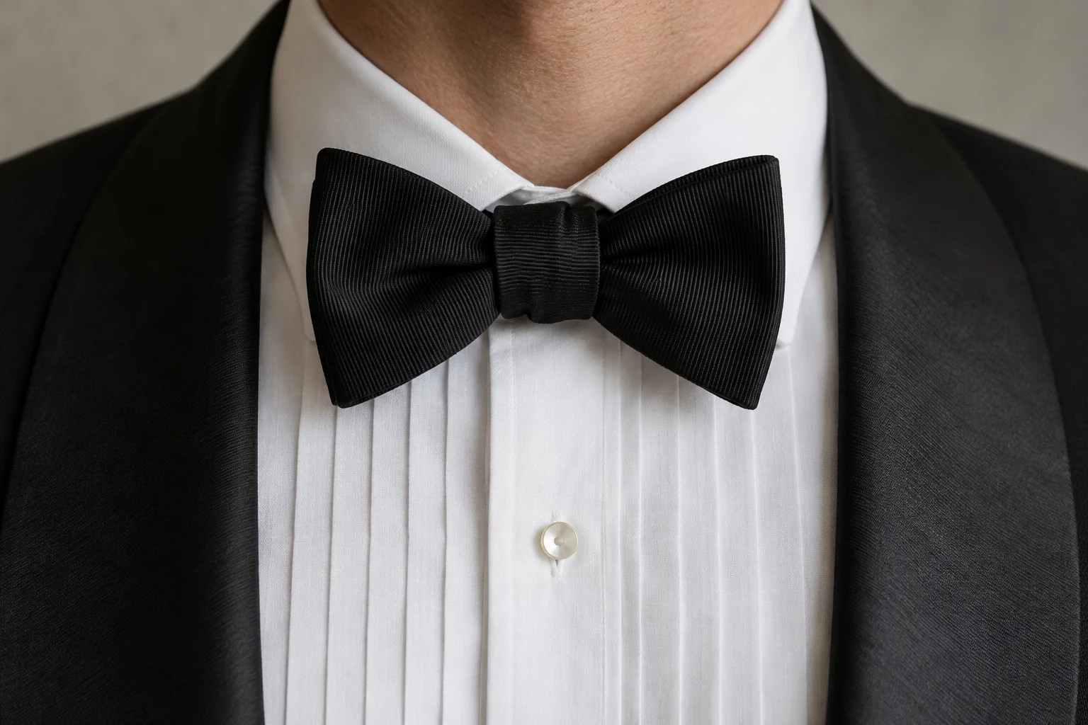 A black grosgrain bow tie sits slightly uneven beneath a white evening collar and black lapels