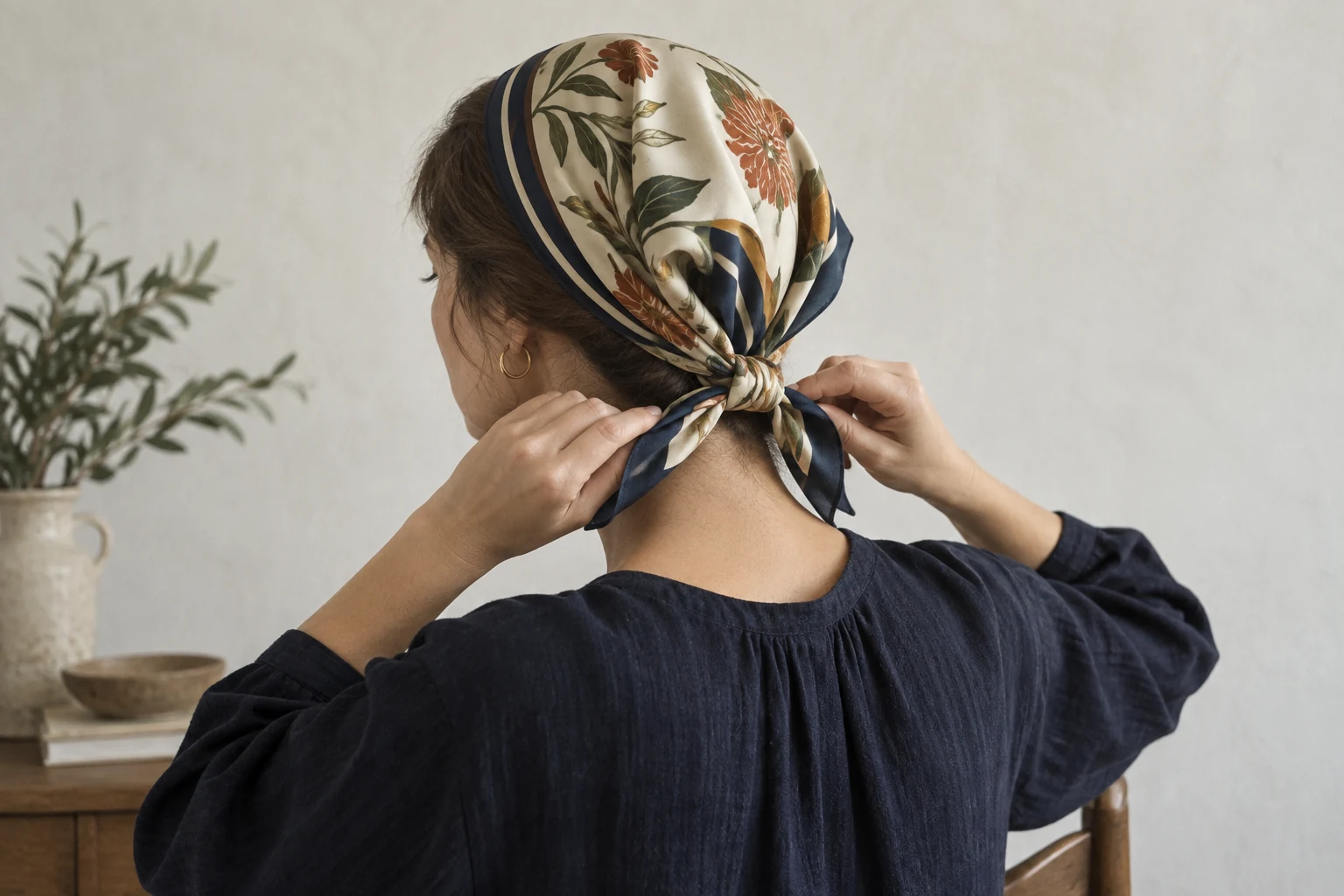 A woman ties a floral silk scarf in a double knot at the nape of her neck against an off white wall