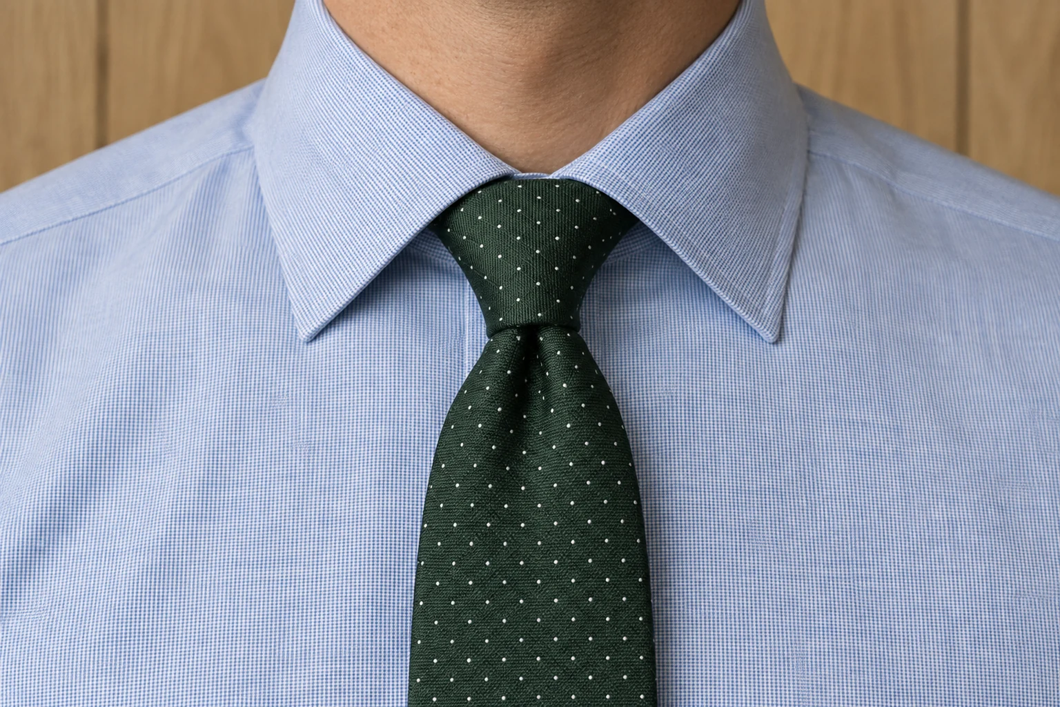 A neat forest green pin dot Pratt knot sits beneath a blue and white point collar
